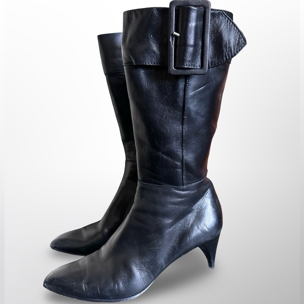 Vintage Y2K Costume National Belted Mid Calf Stiletto Pointed Toe Black Boots 39